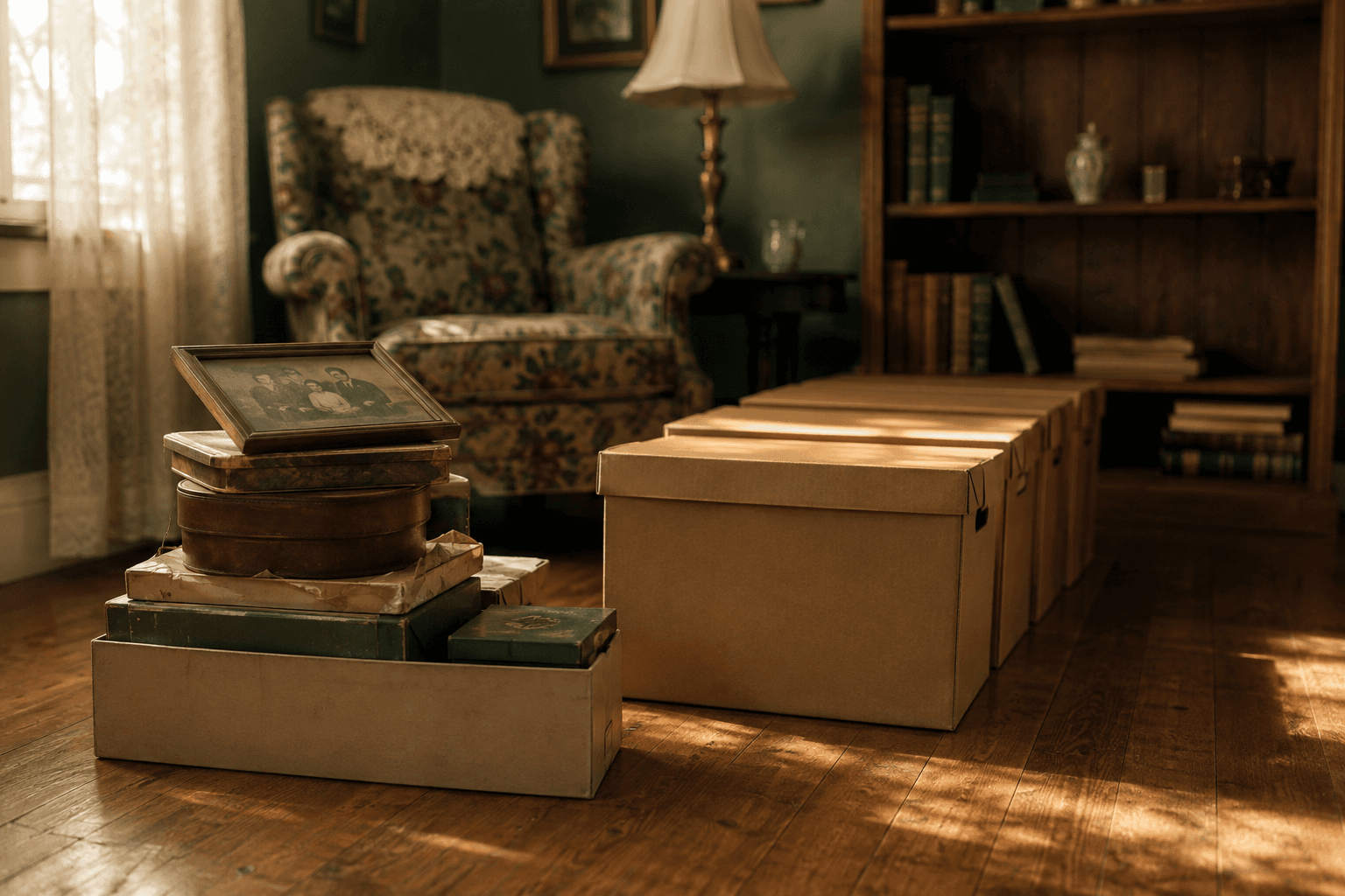 A sunlit living room part-way through a sort: a stack of old document boxes and a framed family photograph on the floor beside a row of packed archive boxes.